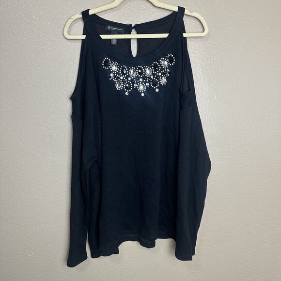 INC Black Rhinestone Embellished Cold Shoulder Top Womans Size 3X Long Sleeve - Picture 1 of 5
